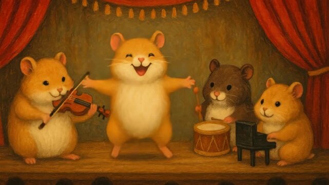 Charming video concept of a hamster band on stage. Warm lighting, eye-level angle, with a playful, whimsical style and vibrant colors. Live desktop wallpaper.