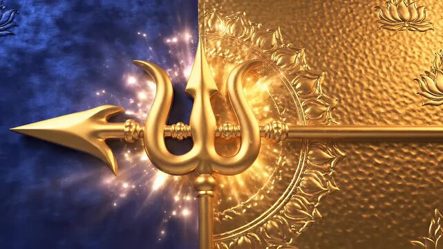 Skanda Sashti festival, Glowing sacred Vel spear on royal blue to gold gradient with divine aura