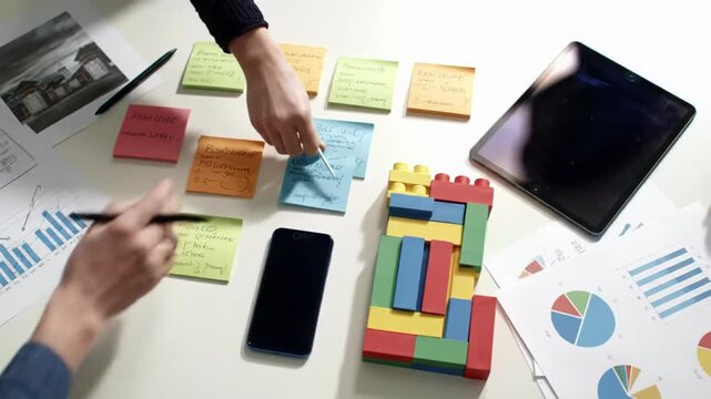 diverse hands meticulously arrange tech items on a clean, bright modern desk, transforming disarray into structured patterns, concept of strategic organization and innovation