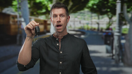 Man holding car key fob in hand on leafy street with mouth open and palm raised while wearing dark shirt; lost keys surprise.