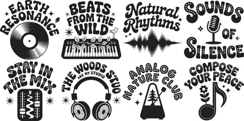 Natural music rhythm and earth resonance retro graphic bundle vector