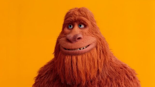 Furry bigfoot character poses before warm orange backdrop giving comic portrait that merges fantasy monster with friendly quirky personality perfect for mascot branding