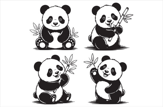 Set Panda  vector art silhouette bundle on white background. A black panda  silhouette design icon logo illustration isolated on white background.