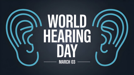 World Hearing Day March 03 vector banner with stylized blue ear outlines on dark background