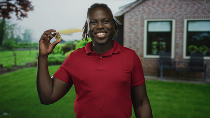 Man holding coin between fingers in front of house building entrance on green lawn, smiling and showing hand closeup while wearing red polo; pride success.