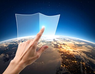 A hand interacts with a translucent, rectangular interface floating above a vibrant, illuminated Earth, under a starry sky