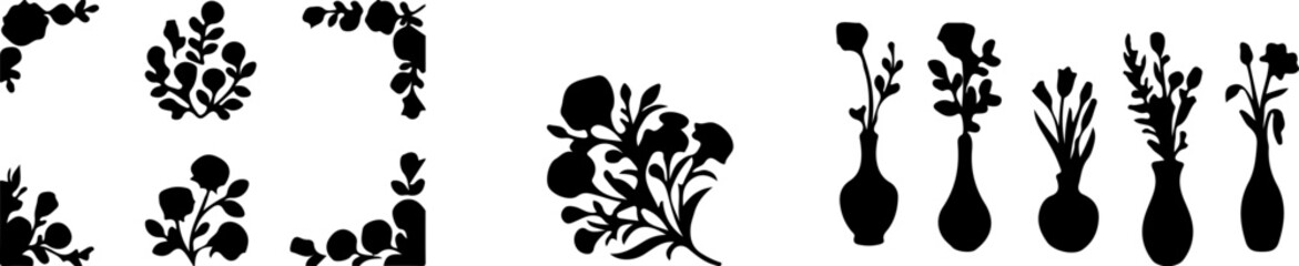 Black silhouettes of elegant floral designs and botanical elements including vases