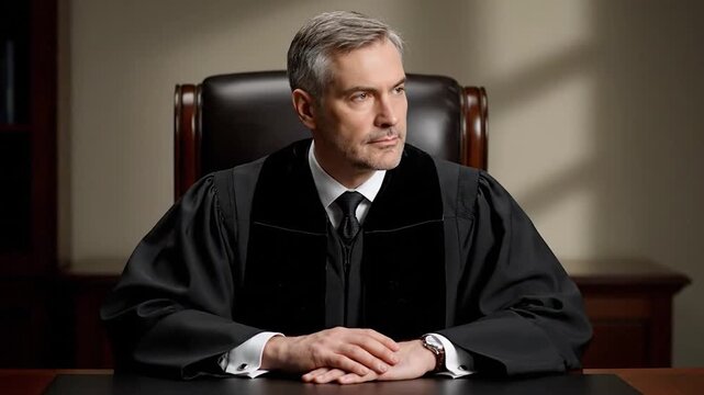Sternly dignified male judge in black robe, at polished desk