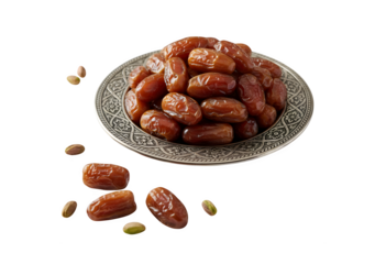 Date fruits arranged on a classic silver plate for a traditional sweet and feast festival, known as bayram in Turkish. 