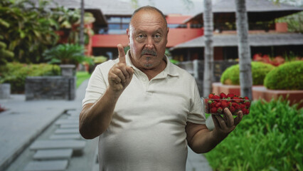 Senior man pointing finger at strawberries held in one hand beside a tropical resort building walkway with palms and bushes; curiosity healthy snack.
