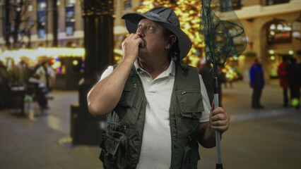 Man fisherman in hat and green vest holds a landing net and brings hand to mouth as if whistling on...