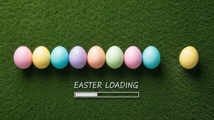 Easter loading progress bar with colorful pastel eggs on green grass background. Creative spring holiday countdown, seasonal marketing concept and festive celebration announcement template.