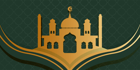 Islamic Festival Background with Golden Mosque Silhouette and Ornamental Design