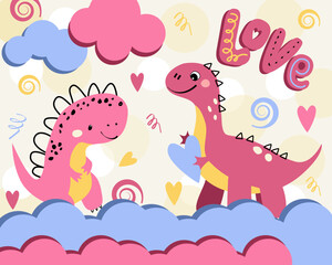 Vector cute pink dinosaur cartoon character flat illustration. Girly dino cute character for kids. Hapy Valentine's Day card © olgahalizeva