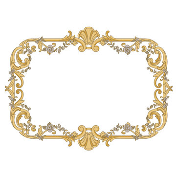 Ornate rococo ornamental frame vector template with golden baroque flourishes elegant shell motifs and vintage rose flower accents for luxury wedding invitations and antique mirror branding