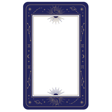 Mystical astrology tarot card frame vector template featuring golden zodiac constellations crescent moons and sunburst symbols on a dark navy border for oracle deck and spiritual branding