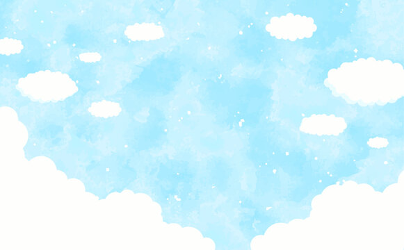 水彩風の入道雲と青空背景_横