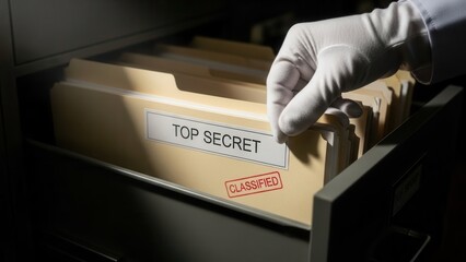 Hand in a white glove retrieving a classified top secret document folder from an office filing cabinet, concept of government archive, security investigation, and sensitive data protection.