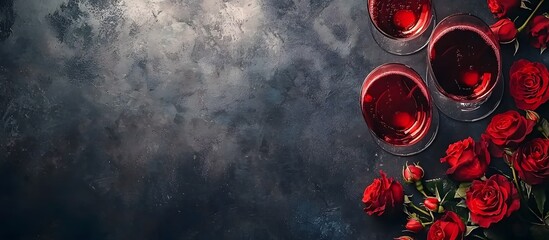 valentines day concept banner with champagne glasses, red rose bouquet, and space for text