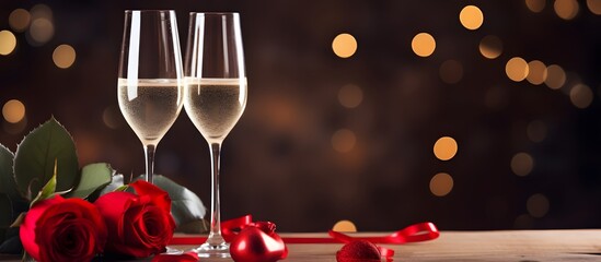 valentines day concept banner with champagne glasses, red rose bouquet, and space for text