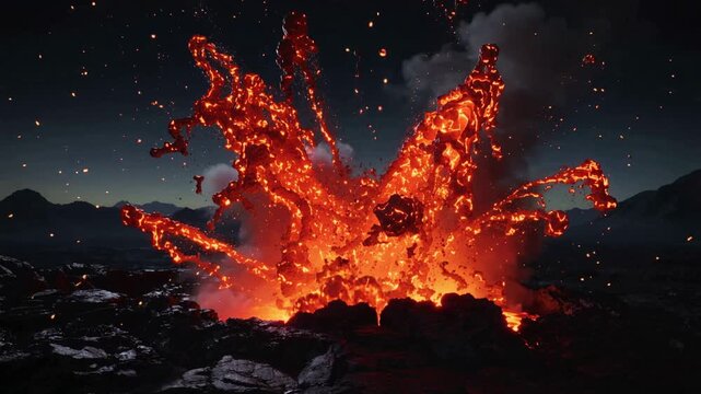 Violent volcanic eruption ejecting streams of glowing red hot magma and smoke from the crater into the dark night sky, surrounded by a dramatic and powerful mountainous landscape