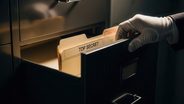 High angle of a hand in a white glove reaching for a top secret classified document in a file cabinet drawer, concept of espionage, security breach, government mystery, and data theft.