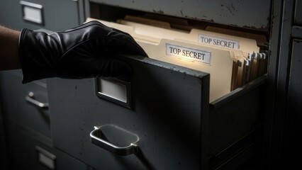 Agent in a black leather glove stealing top secret confidential documents from a metal filing cabinet in a dark office, espionage concept, security investigation, and illegal data access.
