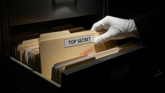 Hand in a white glove selecting a top secret folder from a dense archive of classified documents, espionage concept, historical research, government intelligence, and security data storage.