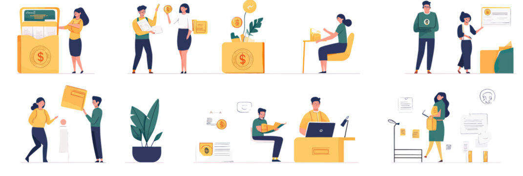 People receiving financial grants and educational subsidies from government funds, federal budget support, monetary aid concept, flat vector illustration set