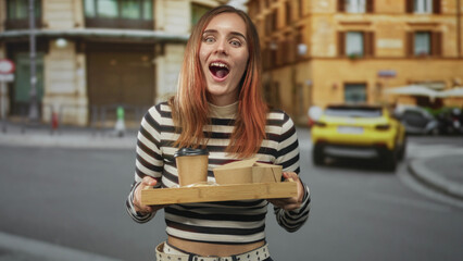 Obraz premium Woman holding a wooden tray with coffee cup and takeaway box on street, striped top visible and belt at waist; morning contentment.