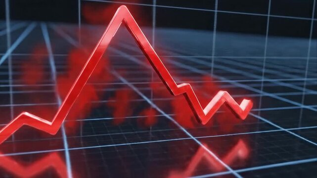 Abstract red line graph charting economic data over a reflective grid background, visualizing a concept of market decline, financial crisis, bearish trend, and investment loss