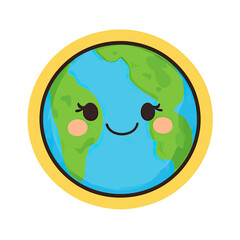 Obraz premium Cute smiling earth planet icon with cartoon face green continents and blue ocean in flat minimalist vector style with yellow circular border