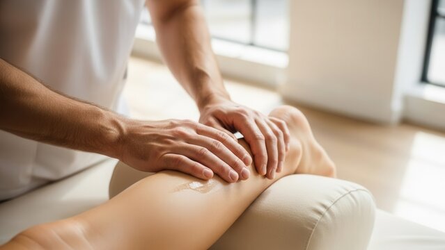 Professional male therapist massaging a female leg calf in a bright wellness center, concept of sports recovery, physical therapy, muscle relaxation, healthcare, and body rehabilitation.