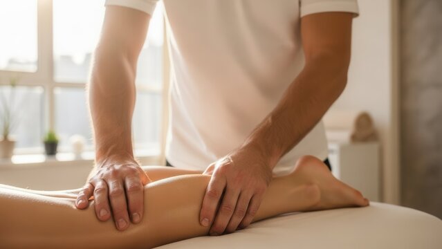 Physiotherapist hands massaging a patient's leg calf in a modern clinic, sports injury rehabilitation and wellness concept, professional muscle treatment and relaxation in a bright room. - Powered by Adobe