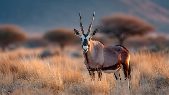 Majestic Gemsbok antelope standing in a golden African savanna with long spiral horns and soft sunlight filtering through dry grass.
