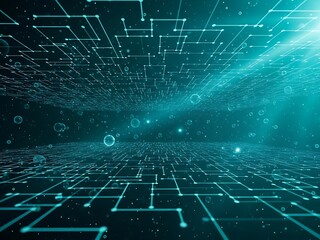 Futuristic Grid Network with Neon Blue Lines and Circles in a Dark Space