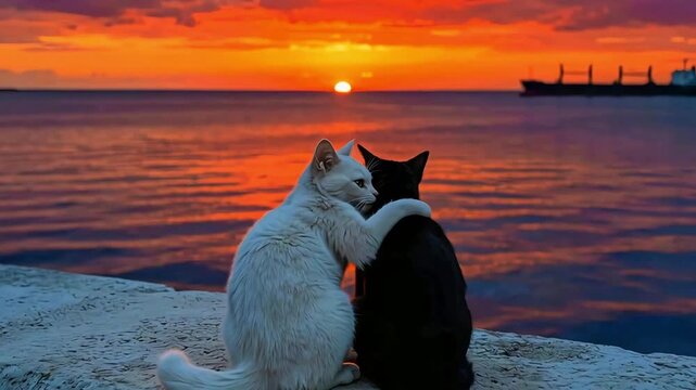 Two beautiful cats, one white and one black, share a tender moment affectionately embracing while gazing out at the vibrant orange sunset over the calm ocean water horizon.