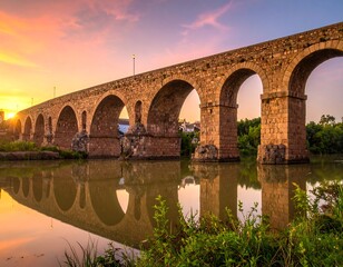 Fototapeta premium A majestic ancient stone bridge spans a tranquil river at sunset, reflecting in the calm water with vibrant sky hues