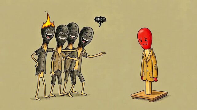 Cartoon illustration depicting a group of burnt, laughing matchsticks mocking an unlit, sad matchstick wearing a small yellow coat.