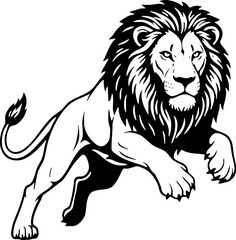 Obraz premium Dynamic Lion Jumping Black and White Vector Graphic Design