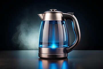Modern electric glass kettle with blue LED light boiling water on dark surface, showcasing sleek design, steam rising, and transparent functionality