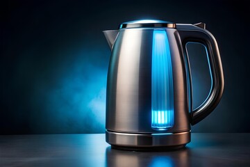Sleek stainless steel electric kettle with glowing blue LED strip on dark surface, highlighting ergonomic handle, modern spout, and stylish kitchen design