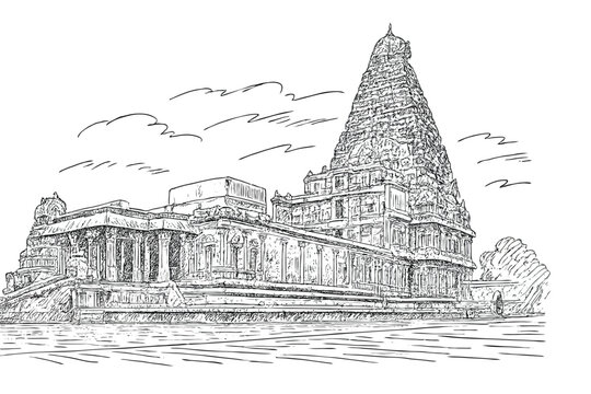  Brihadeeswarar Temple Thanjavur Hand Drawn Line Art Vector Illustration isolated white background