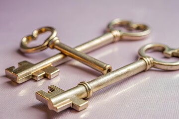 Two ornate brass keys intersecting on soft pink textured surface, highlighting vintage elegance, symbolic meaning, and warm aesthetic composition