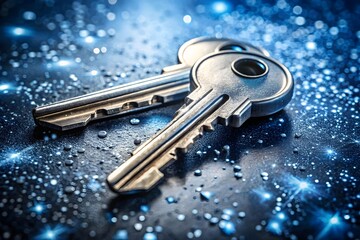Two metallic keys on dark wet surface with blue and white lighting, highlighting texture, reflections, and symbolic contrast in dramatic close-up