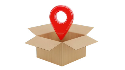 A red location pin emerging from an open cardboard delivery box, symbolizing shipping or finding a package.