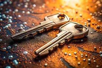 Two metallic keys on glowing orange surface with reflective beads, evoking warmth, symbolism, and artistic contrast in a dramatic close-up composition