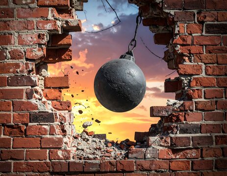 A large wrecking ball punches through a brick wall, revealing a vibrant sunset. Debris scatters as the sphere swings