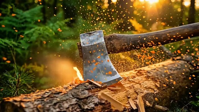 A sharp steel axe head powerfully strikes a rough-barked log, scattering bright wood chips during a vigorous chopping action in a sunlit, dense forest environment.