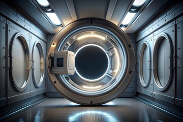 Futuristic corridor with circular portal and symmetrical panels, illuminated by LED lights, evoking sci-fi themes of space exploration and advanced technology